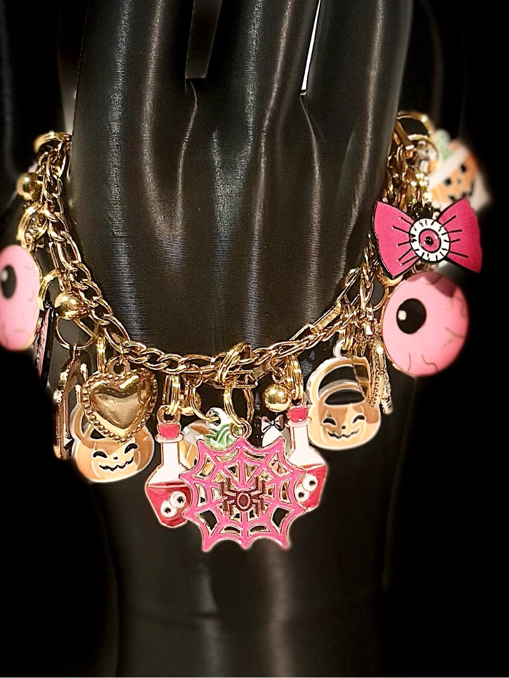 Gold-Tone Pink Halloween Charm Bracelet